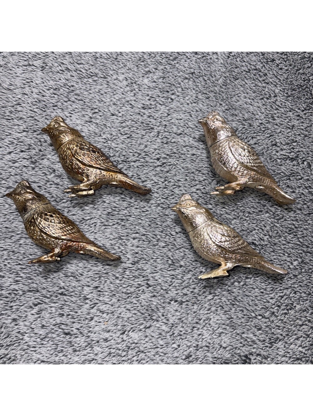 Metal Pewter Grouse Bird Salt Pepper Shaker 2 Sets Vintage Grayish Silver Patina
